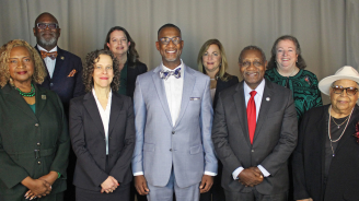A group shot of the 2024-2026 Mecklenburg Board of County Commissioners.

Front row (L to R): Yvette Townsend-Ingram, Leigh Altman, Mark Jerrell, Arthur Griffin and Vilma Leake

Back row (L to R): George Dunlap, Susan Rodriguez-McDowell, Laura Meier and Elaine Powell
